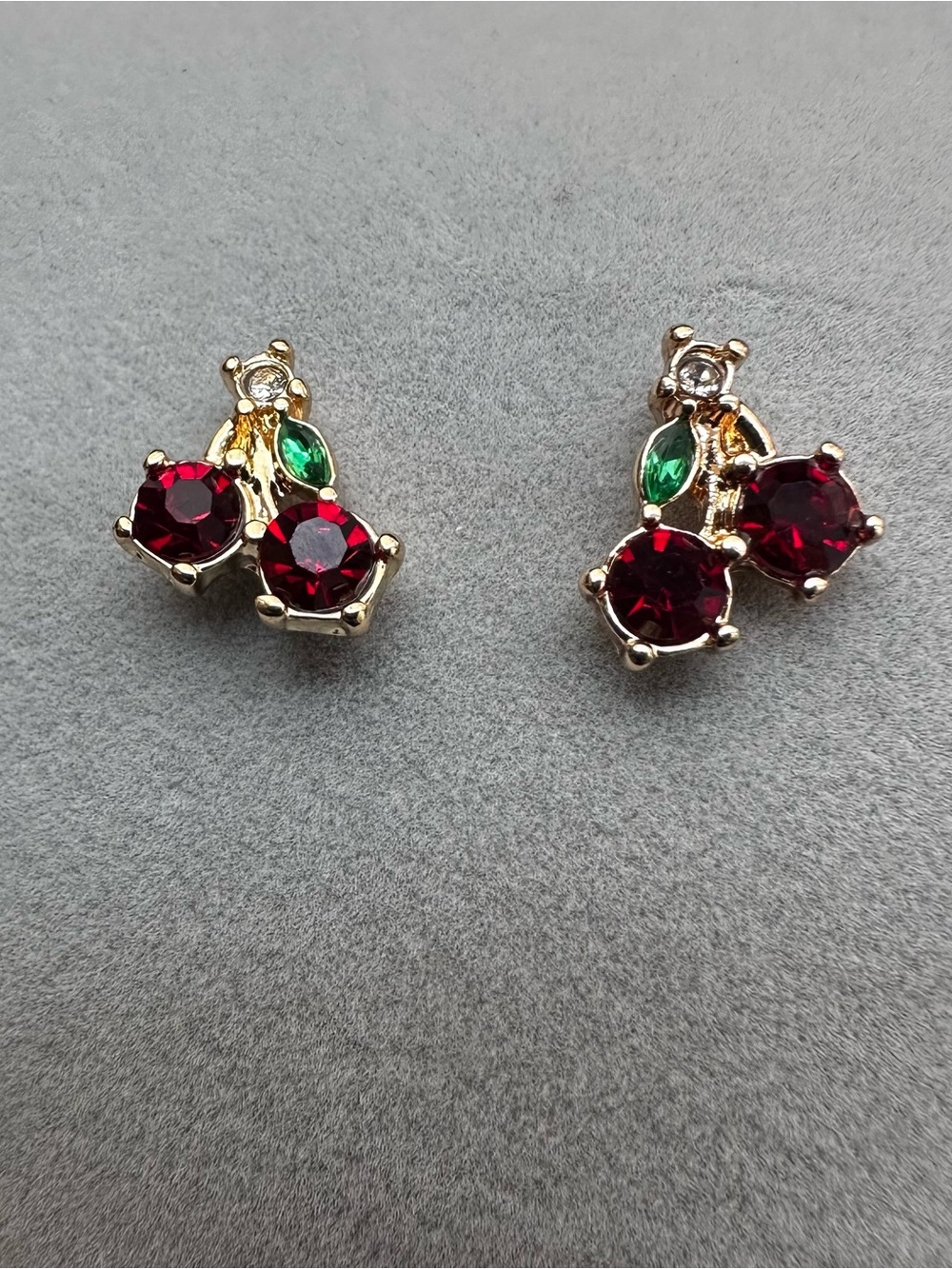 Gold Cherry Crystal Stud Earrings in Red and Green
